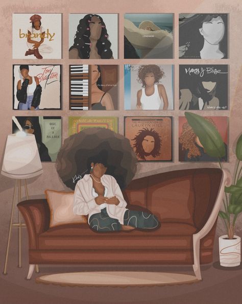 Music truly does speak to my soul, so it is only right that I reflect that through my work as well. Just a girl & her random playlist.... Black Art Music, Music Aesthetic Illustration, Blk Wallpaper, Black Music Art, Afro Illustration, Visual And Performing Arts, Digital Art Poster, Black Art Painting, Afrocentric Art