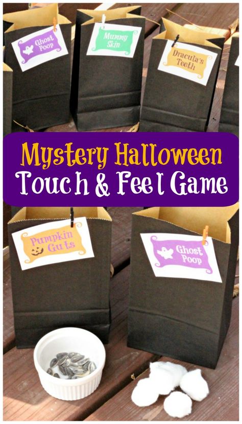 The perfect Halloween game for kids -- DIY touch and feel mystery bags for parties, get-togethers and semi-spooky fun! Party Games For All Ages, Family Halloween Party, Classroom Halloween, Fun Halloween Party Games, Games For All Ages, Halloween Class Party, School Halloween Party, Halloween Mystery, Halloween Classroom