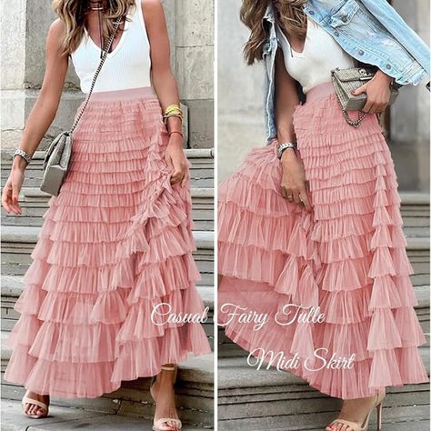 Women's Fairy Tulle Midi Skirt Sweet Elastic High Waist A-Line Ruffle Tiered Layered Mesh Puffy Long Maxi Skirt Amazon Affiliate Tulle Midi Skirt, Long Maxi Skirts, Long Maxi, Seasonal Fashion, Street Style Looks, Western Wear, World Of Fashion, Latest Fashion Trends, All Fashion