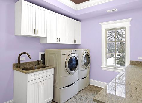 Lavender Laundry Room, Purple Laundry Room, Laundry Room Utility Sink, Laundry Room Paint Color, Laundry Room Paint, Utility Room Designs, Laundry Room Colors, Blue Laundry Rooms, Small Laundry Room Makeover