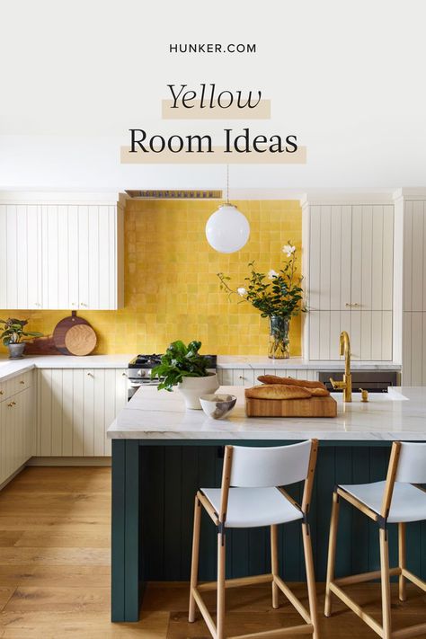 So when it comes to yellow room ideas, we have to use the powerful shade wisely. However, from canary to mustard and every golden tint in between, this color is one of our faves. Here are some ways to bring the sun-drenched shade inside. #hunkerhome #yellow #yellowroom #yellowroomideas #yellowwallcolorideas Mustard Yellow Kitchens, Kitchen Transitional, European Kitchens, Yellow Room, May Designs, White Backsplash, Tile Trends, Yellow Kitchen, Kitchen Design Trends