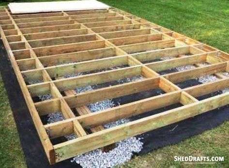 A wooden skid foundation is the simplest and cheapest kind of shed base there is. It is constructed by laying down weather-proof timber boards on a flattened soil or gravel base. The shed’s floor frame is then simply secured to these skids using nails or screws. Build A Floating Deck, Deck For Entertaining, Deck Building Plans, Building A Floating Deck, Platform Deck, Laying Decking, Deck Framing, Low Deck, Decking Ideas