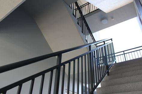 Apartment Stairwell, Black Aluminum Railing, Stairway Railing Ideas, Stairway Railing, Balustrade Design, Door Poster, Poster Idea, Aluminum Railing, Apartment Complexes