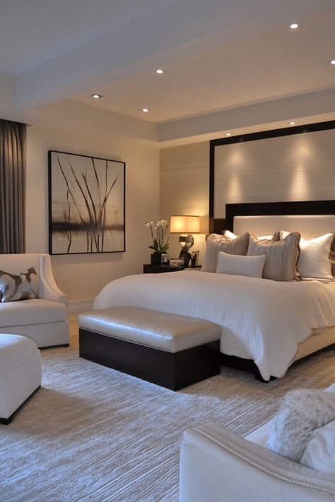 Huge Master Bed, Bedroom Ideas For King Size Bed, Condo Master Bedrooms Decor, Home Decor Ideas Bedroom Master Suite, Bedroom Ideas For Parents, Elegant Master Bedrooms Decor Modern, Luxurious Bedrooms Master, Contemporary Bedroom Ideas, Man Bedroom