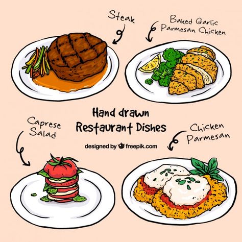 Hand drawn restaurant dishes Free Vector Plating Design Ideas, Dishes Drawing, Baked Garlic Chicken, Baked Garlic Parmesan Chicken, Restaurant Poster, Main Course Dishes, Food Sketch, Restaurant Dishes, Course Meal