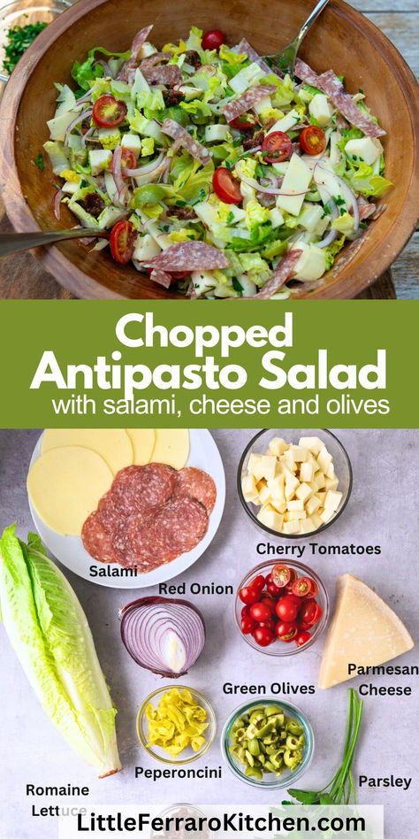 This vibrant Chopped Antipasto Salad is full of crisp romaine, cherry tomatoes, salami, and cheese and dressed with a tangy Parmesan vinaigrette. Perfect for any gathering! Italian Salad With Salami, Anti Pasta Salad Antipasto, Chopped Antipasto Salad, Antipasta Salads, Best Italian Salad, Salami Salad, Italian Antipasto Salad, Easy Antipasto Salad, Salami Recipes