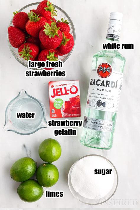 Strawberry Rum Jello Shots, Bacardi Jello Shots Recipes, Sweet Jello Shots, Strawberry Jell-o Shots, Bacardi Jello Shots, Jello Shots Strawberry, Sugar Free Jello Shots, Strawberry Daiquiri Jello Shots, Birthday Jello Shots