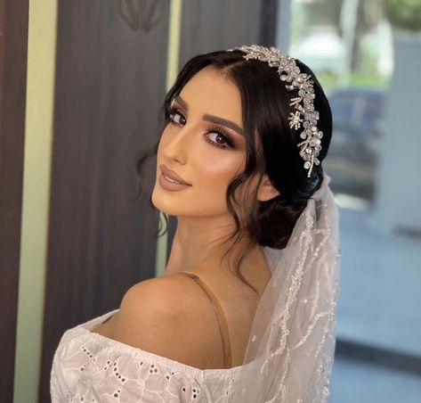 Wedding Hair Styles With Crown And Veil, Bride With Headpiece, Wedding Hairstyles Headband Half Up, Bride Updo With Tiara, Hair Styles For Tiara, Bride Tiara Updo, Wedding Updo With Veil And Hair Piece, Bridal Hair Buns With Veil, Bride Hairstyles Updo With Veil And Crown