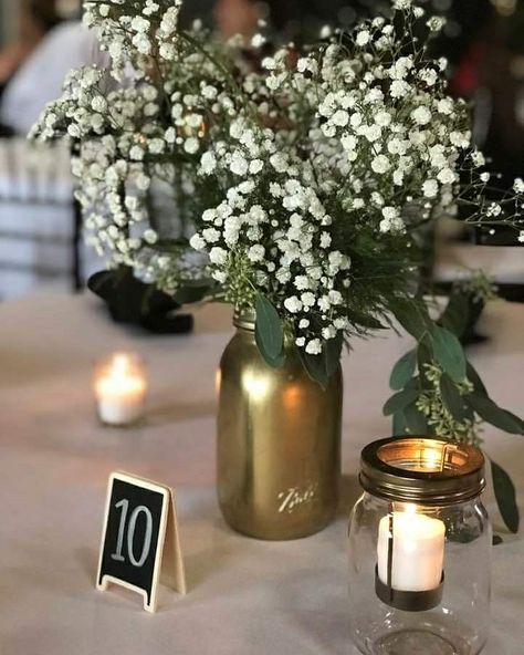 Centerpieces For Black And Gold Party, Gold Mason Jars With Flowers, Simple Black And Gold Centerpieces, Retirement Party Ideas Black And Gold, 60th Bday Centerpieces, Food For Retirement Party Ideas, 50 Centerpieces 50th Birthday, White And Gold Party Centerpieces, 40th Table Centerpieces