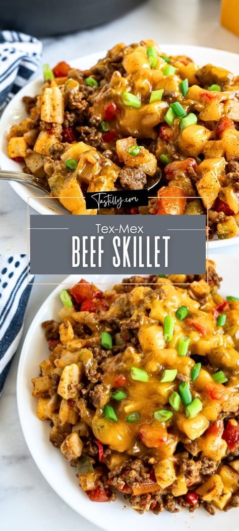 30-Minute Tex-Mex Beef Skillet Meat Skillet Recipes, Ground Beef One Pan Meal, Tex Mex Ground Beef Recipes, Tex Mex Skillet, Hamburger Casseroles, Casserole Meals, Food Entrees, Easy Honey Garlic Chicken, Beef Skillet