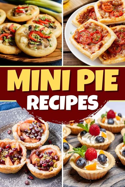 These mini pie recipes aren't just super cute; they're also crazy delicious. Perfect for parties, they make ideal single-servings for your guests. Min Pie Recipes, Mini Peach Pie Recipes, Mini Pie Filling Ideas, Mini Pie Desserts, Assorted Mini Pies, Short Crust Pastry Ideas, Mini Pie Crust Desserts, Savory Mini Pies, Mini Pie Ideas