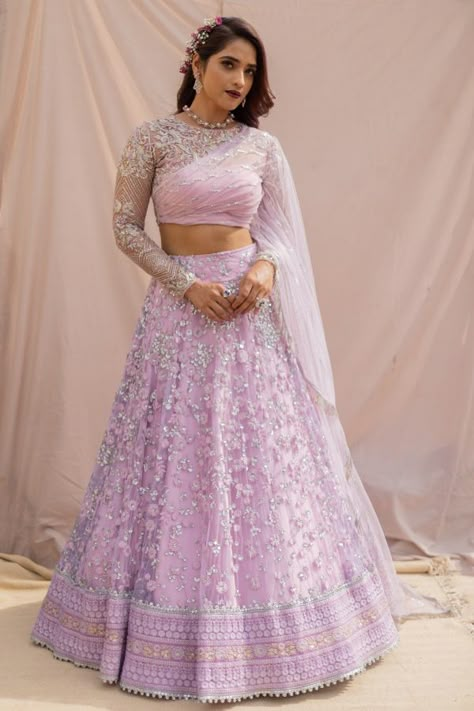 Studio 149 | Fashion Boutique Studio – Chennai Fancy Skirt And Top Outfit, Sleeves Design For Lehenga Blouse, Blouse For Lehenga Crop Tops, Lilac Lengha, Partywear Gowns Indian, Indian Sangeet Outfit, Full Blouse Designs, Stylish Lehenga Designs, Bridal Reception Outfit