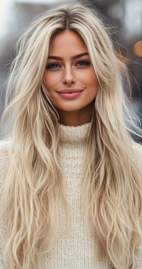 Elevate your long blonde hair game with 35 show-stopping styles. From classic vintage curls to modern textured looks, these hairstyles offer endless possibilities for your golden tresses. Experiment with braided headbands, romantic half-up twists, or sleek straight locks to create a look that's uniquely you. Let your blonde hair shine with these stunning options. Long Platinum Blonde Hair Balayage, Golden Vanilla Blonde Hair, Long Blonde Hair Side Part, Long Blonde With Bangs, Styling Long Straight Hair, Long Hair With Long Layers Straight, Blonde Hair Bangs Medium, Bleach And Tone Blonde, Warm Bright Blonde Hair