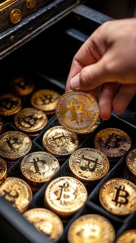 Hand holding a gold Bitcoin coin above an open black case that contains multiple similar Bitcoin coins, indicating stock photography Bitcoin Aesthetic, Bit Coin, Custom Coins, Coin Design, Business Money, Hand Holding, 2025 Vision, Black Case, Cryptocurrency