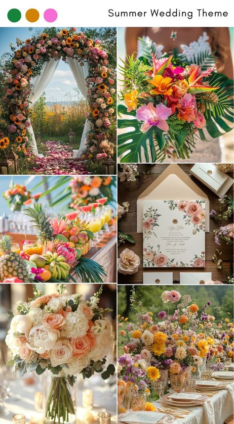 Summer wedding theme ideas for a bright, seasonal celebration. Whimsical Garden Wedding Theme, Tropical Beach Wedding Color Palette, Wedding Pallet Ideas, Summer Wedding Theme Ideas, Colorful Wedding Theme, Summer Wedding Themes, Beach Wedding Color Palette, Summer Wedding Theme, Vibrant Summer Wedding