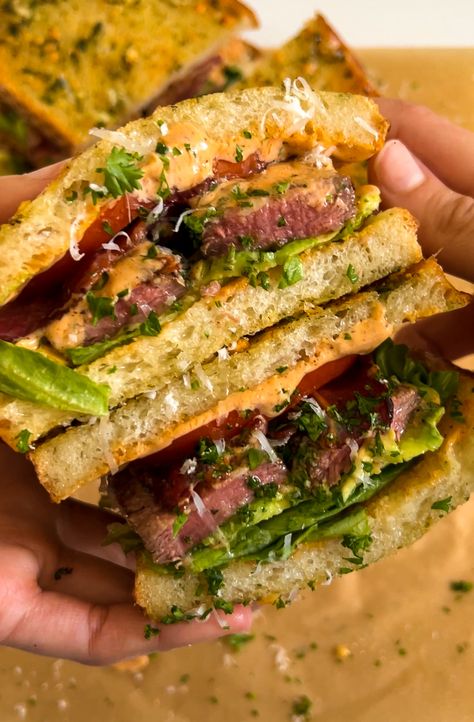 Steak Sandwich - Moribyan Steak Sandwich Recipes, Garlic Spread, Chipotle Aioli, Sauteed Peppers, Beef Bacon, Bacon Avocado, Steak Sandwich, Juicy Steak, Wrap Recipes