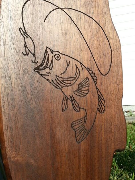 Router carving of largemouth bass on homemade black walnut fishing pole holder Wood Burning Fishing Ideas, Fishing Wood Burning, Fish Wood Burning, Fishing Pole Drawing, Wood Burning Tips, Woodworking Software, Used Woodworking Tools, Pyrography Patterns, Antique Woodworking Tools