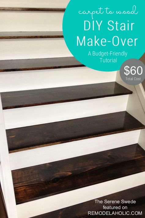 Staircase Remodel, Carpet To Wood Stairs Tutorial, By The Serene Swede Featured On @Remodelaholic Steps Remodel, Step Remodel, Stairs Flooring, Basement Stairway, Stairs Skirting, Stairs Renovation, Front Stairs, Stair Makeover, House Flipping