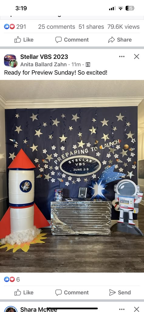 Rocket Ship Decorations Space Party, Space Bible School Ideas, Vbs Rocket Ship, Outer Space Book Fair, Outer Space Graduation Theme, Space Theme Book Fair, Space Theme Hallway, Space Graduation Theme, Stellar Vbs Decorations