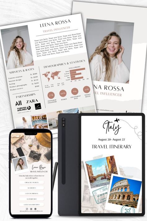 Travel Influencer Media Kit, Canva Travel Itinerary, Bio Template, Travel Influencer, Media Kit Template, Itinerary Template, Travel Itinerary Template, Blogger Template, Media Kit