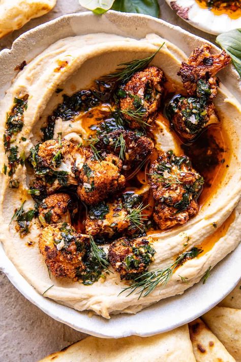 Crispy Roasted Cauliflower, Roasted Cauliflower Hummus, Cauliflower Hummus, Half Baked Harvest Recipes, Harvest Recipes, Homemade Hummus, Half Baked, Half Baked Harvest, Hummus Recipe