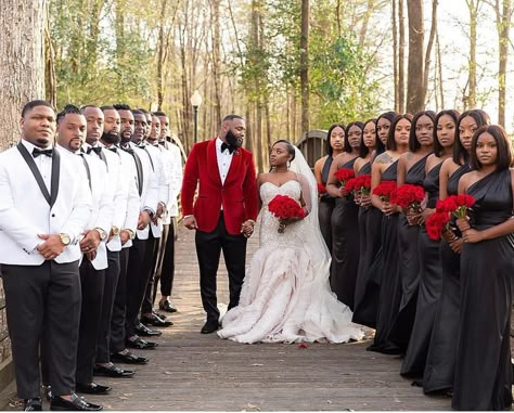 Black Bride™ on Instagram: “A beautiful bridal party captured in perfect formation!! . . . . Repost from @j.mccoyphotography - The Wedding Party dropped all egos and…” Red And Gold Bridal Party, Mr And Mrs Smith Wedding Theme, 007 Wedding Theme, Different Style Wedding Dresses, Black Wedding Pictures, Summer Wedding Party Attire, Red Groomsmen Attire, Wedding Color Schemes Black People, Black People Wedding Ideas Color Schemes