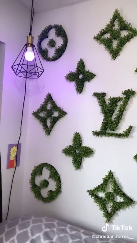 Grass Wall Room Decor, Louis Vuitton Grass Wall Decor, Grass Wall Bedroom Aesthetic, Designer Wall Decor, Emerald Green Room Decor Bedroom, Grass Wall Decoration Ideas Bedroom, Lv Grass Wall Decor, Baddie Wall Decor, Hypebeast Room Girl