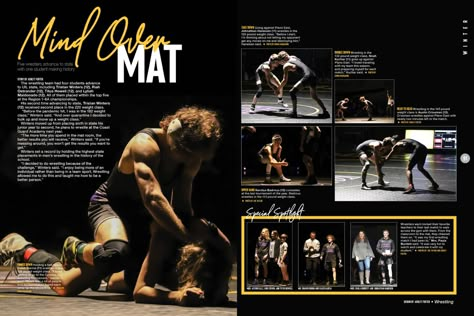 Yearbook Spreads Clubs, Sunset Yearbook Theme, Wrestling Yearbook Spread, Sports Yearbook Spreads, Cheer Yearbook Spread, Yearbook Themes High School, Yearbook Headlines, High School Yearbook Themes, Yearbook Spreads Ideas Layout