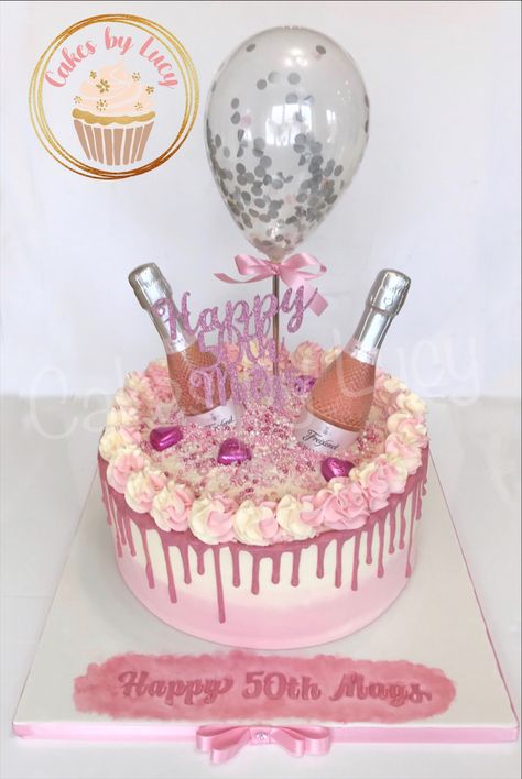 Pink drip 50th birthday with Freixenet bottles Cake With Prosecco Bottle, 50 Years Birthday Cake, 21st Cakes, Alcohol Birthday Cake, 20th Birthday Cake, 21 Cake, Alcohol Cake, 20 Birthday Cake, Bottle Cake