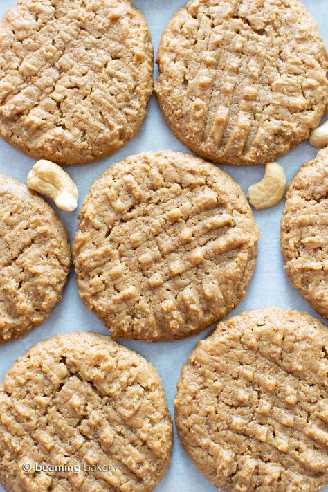 4 Ingredient Paleo Vegan Cashew Butter Cookies Recipe (Flourless, Gluten-Free) - Beaming Baker Cashew Butter Bars, Paleo Coconut Cookies, Coconut Cashew Cookies, Cashew Butter Recipe Desserts, Vegan Almond Butter Cookies, Keto Cashew Butter Cookies, Cashew Butter Cookies, Cashew Butter Recipe, Brownie Fudge