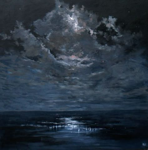 Blue Oil Painting Aesthetic, Dark Ocean Painting, Ocean At Night, Old Paintings, Ocean Painting, Blue Painting, Aesthetic Painting, Ethereal Art, Dreamy Art