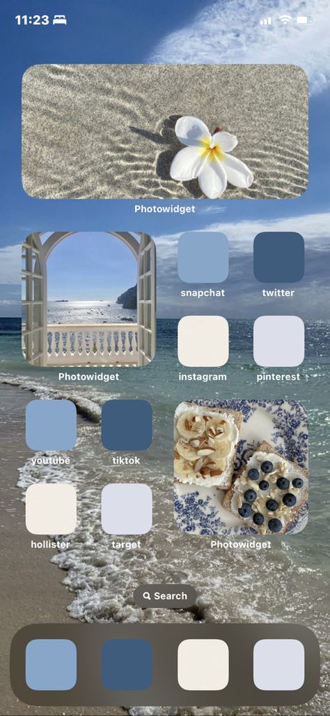 Icon Themes Iphone, Beach Iphone Widgets, Summer Phone Inspiration, Navy Blue Ios 16 Homescreen, Summer Phone Screen Ideas, Coastal Iphone Layout, Iphone Blue Theme, Blue Aesthetic Phone Theme, Summer Aesthetic Phone Layout