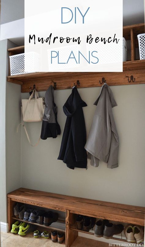 Easy Mudroom Bench with Shoe Rack | Build your own custom mudroom with free plans from Bitterroot DIY  #mudroom #mudroomideas #entryway Shoe Shelf Mudroom, Diy Shoe Rack With Bench, Diy Mudroom Shelves, Mud Room Shoe Bench, Mudroom Shoe Rack, Easy Diy Mudroom, Easy Mudroom, Entryway Bench Shoe Storage, Diy Mudroom Bench Plans