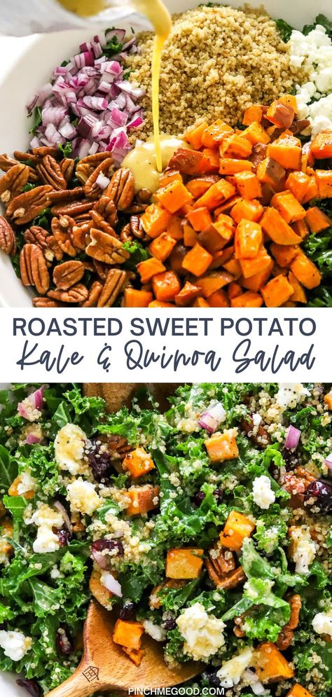 Kale And Quinoa Salad, Kale And Quinoa, Sweet Potato Salad, Sweet Potato Kale, Kale Salad Recipes, Roasted Sweet Potato, Kale Recipes, Salad With Sweet Potato, Kale Salad