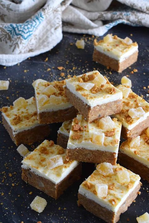 Double the ginger and double the flavour! These Candied Ginger Squares are prepared with both candied ginger and gingersnap cookies with a base that consists of sweetened condensed milk and melted white chocolate.  These squares have a slightly warming flavour which just screams Christmas! Ginger Squares, Adorable Desserts, Pistachio Pudding Cookies, Candied Fruit Recipes, Crab Pasta Salad, Holiday Flavors, Baking Lessons, Melted White Chocolate, Gingersnap Cookies