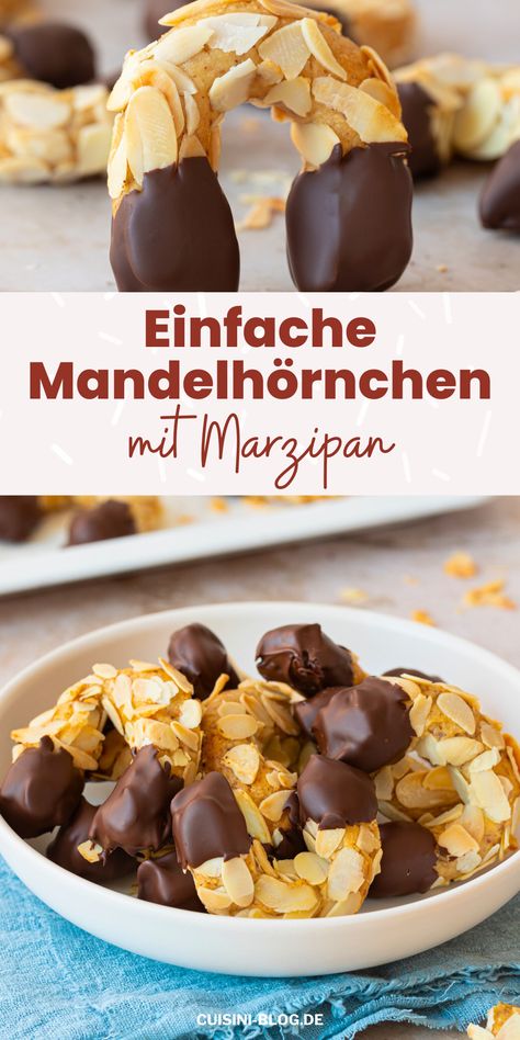 Mandelhörnchen selber machen ist ganz einfach. Saftige Klassiker mit Marzipan, die schnell gelingen und genauso gut schmecken wie vom Bäcker. Christmas Bakery, Thermomix Recipes, Marzipan, Cake Desserts, Cookie Dough, Christmas Cookies, Cooking And Baking, Christmas Food, Cookie Recipes