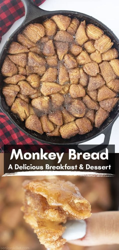 Skillet Monkey Bread is a scrumptious homemade sweet and sticky dessert baked in a cast iron skillet. This is without question, the BEST Monkey Bread we have ever tasted. Campfire Skillet Breakfast, Monkey Bread Dutch Oven, Cast Iron Monkey Bread, Cast Iron Desserts Camping, Dutch Oven Monkey Bread Camping, Campfire Desserts Cast Iron Skillet, Healthy Cast Iron Recipes, Campfire Biscuits Cast Iron Skillet, Cast Iron Baking Recipes