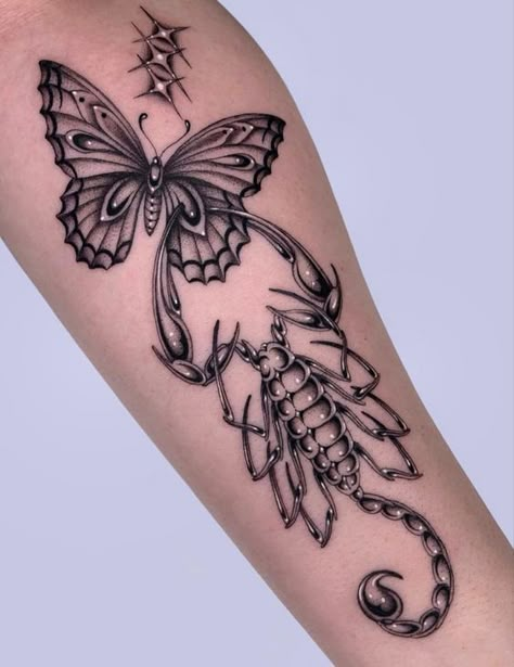 Butterfly and scorpion Scorpion Tattoos, Scorpio Zodiac Tattoos, Emo Tattoos, Horoscope Tattoos, Hand Tattoos For Girls, Scorpio Tattoo, Scorpion Tattoo, Zodiac Tattoos, Tatuaje A Color