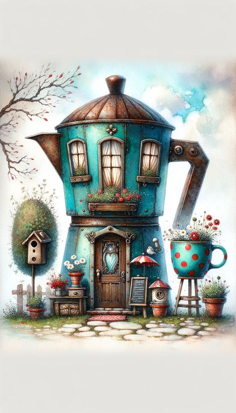 Whimsical Cottage Art, Whimsical Art Illustrations, Fairy House Drawing, House Illustrations, Whimsical Houses, Fairytale House, Cottage Core Decor, Cartoon Crazy, Storybook Art