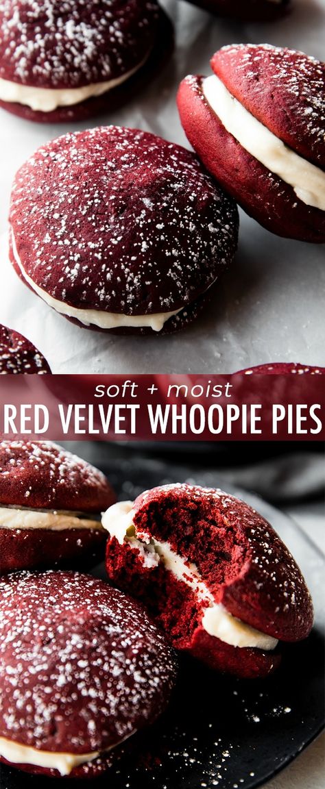 How to make moist and soft red velvet whoopie pies filled with cream cheese filling! Cookie recipe on sallysbakingaddiction.com Whoopie Pies Red Velvet, Whoopie Pie Pan Recipes, Whoopy Pie Recipe, Valentines Whoopie Pies, Moist Whoopie Pies, Valentine Whoopie Pies, Red Velvet Gobs, Whoopie Pie Recipe Filling, Gourmet Whoopie Pies