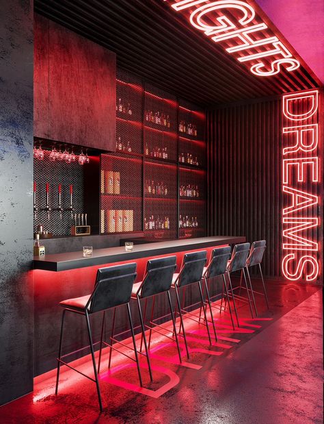 Neon Bar Design, Sports Bar Interior, Nightclub Design Lighting, Neon Cafe, Club Design Interior, Bar Lounge Design, Hangout Space, Rooftop Restaurant Design, Home Bar Ideas