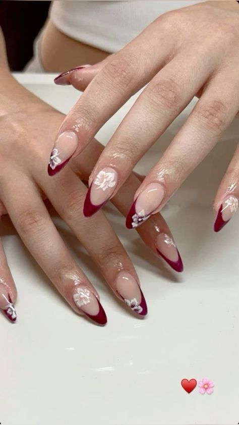 Red French With Flowers Nails, Red French Tip Hibiscus Nails, Hibiscus Flower Nails Red French Tip, Nails Flower Tips, Red And White Hibiscus Nails, Burgundy Nails Summer, Red Flower French Tip Nails, Red French Tip Summer Nails, Red Nails White Flowers