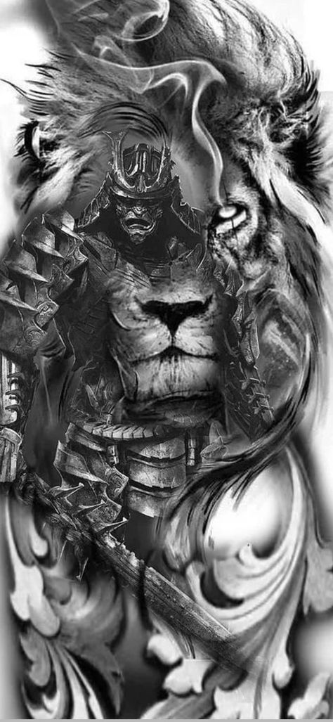 Perfect Tattoo Ideas, Stencils Art, Warrior Tattoo Sleeve, Samurai Warrior Tattoo, Guerriero Samurai, Gladiator Tattoo, Lion Tattoo Sleeves, Samurai Tattoo Design, Lion Head Tattoos