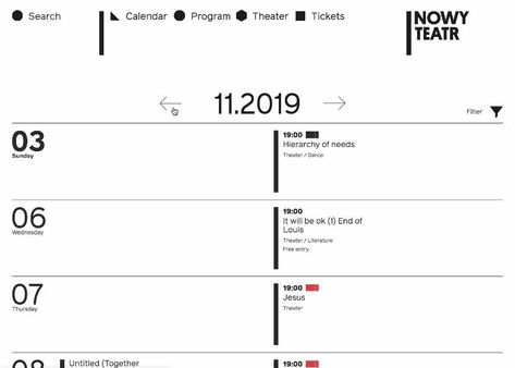 Interactive minimal calendar - Nowy Teatr for web design inspiration added by Awwwards to calendar, schedule, minimal Timeline Web Design, Schedule Layout, Minimal Calendar, Calendar Schedule, Interactive Web Design, Calendar Layout, Style Web, Ui Animation, Text Tattoo