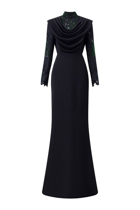 Expertly crafted with a mermaid silhouette and draped high neck, this dress offers a modern and elegant look. With its sleek design and sophisticated details, this dress is perfect for those seeking a show-stopping formal attire. *Note: The length is measured from the shoulder to the shortest of the front.Length: XS: 157cm, S: 159cm, M/L/XL: 160cm, XXL: 162cm Velvet Dress Gown, Mermaid High, Black Lace Gown, Dinner Dress Classy, Mean Blvd, Elegant Dresses Classy, Floor Length Dress, Evening Dresses For Weddings, Dresses Xxl