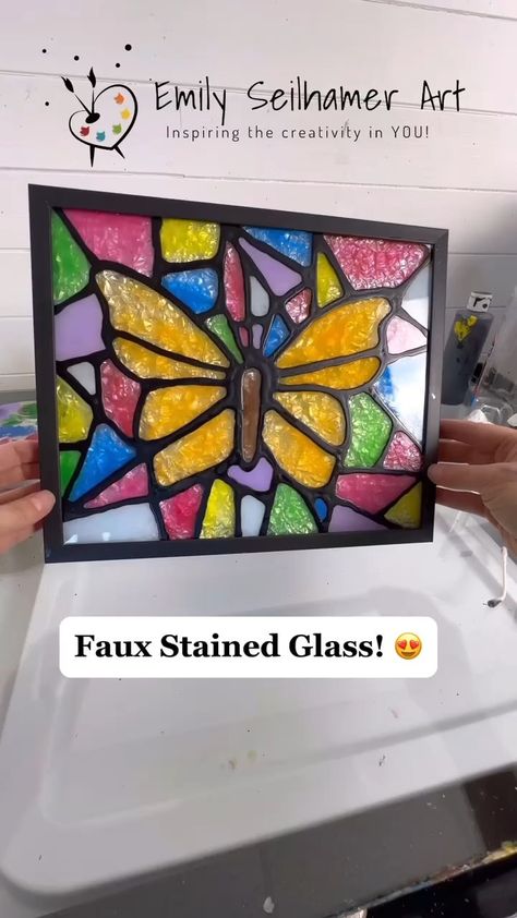 Emily Seilhamer | How to make faux stained glass 😍 Full tutorial out now! #diyideas #easycrafts #artsandcrafts #eastercrafts #tutorials | Instagram Outdoor Art Diy, Stained Glass Diy Tutorials, Glass Crafts Diy, Middle School Art Projects, Tip Jar, Tape Painting, Stained Glass Paint, Making Stained Glass, Stained Glass Diy