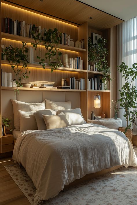 Master bedroom design, bookshelf header Raised Bed With Bookshelves, Bedroom Bookshelves Master, Around Bed Shelving, Bookcase Over Bed, Built In Wall Bed, Over The Bed Shelving, Wall Shelf Ideas Bedroom Small Spaces, Built In Bookshelves Around Bed, Bookshelves In Bedroom Master