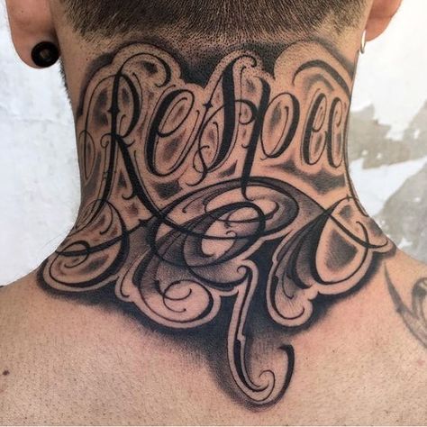 Tatuaje en cuello parte de atras ✞ Respect Tattoo, Art Chicano, Best Neck Tattoos, Tattoo Son, Chicanas Tattoo, Chicano Tattoos Sleeve, Tattoo Lettering Design, Tattoo Lettering Styles, Lettering Letters