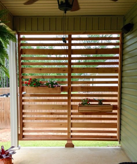 www.riverroadwoodworking.com Back Deck Privacy Ideas Wall, Porch Windbreak Ideas, Lattice Window Covering, Horizontal Slat Wall Patio, Patio Barrier Ideas, Privacy Screen Front Porch, Slated Privacy Wall, Vertical Slats Wall Outdoor, Decorating Lattice Ideas