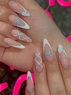 Beauty Nails Design, Girly Acrylic Nails, Pretty Gel Nails, Almond Nails Designs, Almond Nail, Blue Nail, Prom Nails, Dream Nails, Artificial Nails